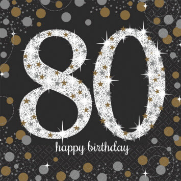 80th Birthday Black and Gold Luncheon Napkins, 16ct