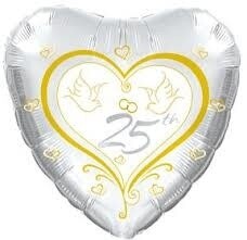 Anniversary 25 Gold Doves Heart Shape Foil Balloon 18&quot;