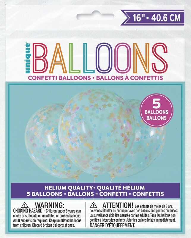 Confetti Balloons-Pink Blue &amp; Gold Star Confetti 16&quot; Latex, 5pk - Pre-Filled