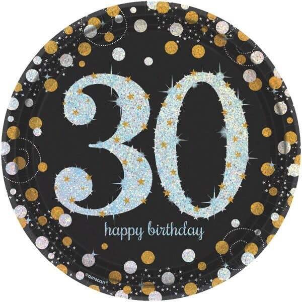 30th Birthday Black and Silver Sparkling Celebration Dinner Plates 9&quot; 8pk