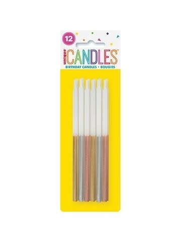 Metallic Dipped Gold, Silver &amp; Rose Gold Birthday Candles 5&quot; - Assorted 12ct