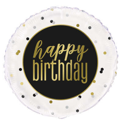 Metallic &#39;Happy Birthday&#39; Gold and Black polka dot 18” Foil Balloon