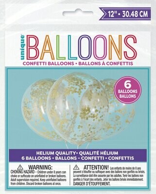 Confetti Balloons-Gold Confetti 12&quot; Latex, 6pk - Pre-Filled
