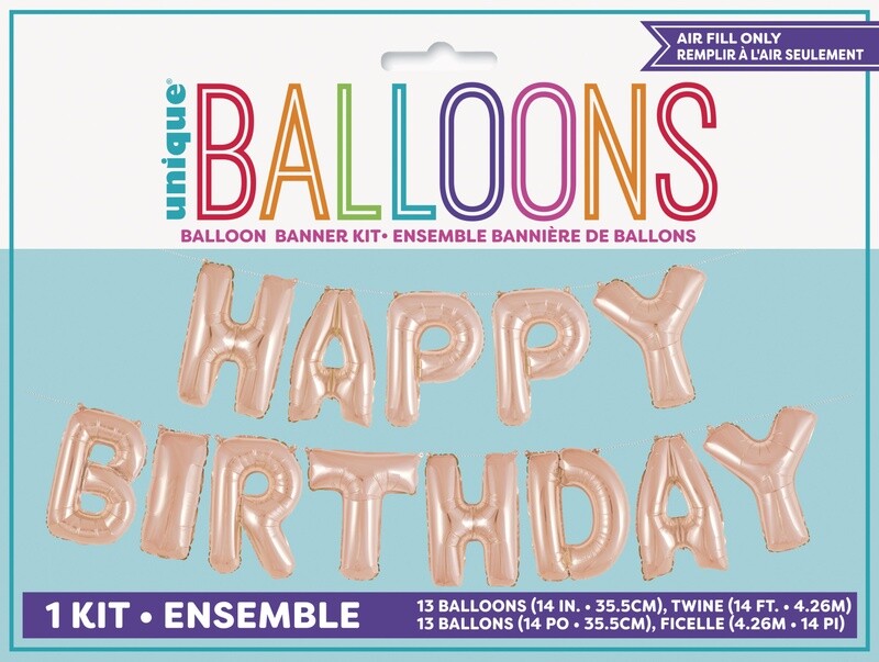 Rose Gold &#39;Happy Birthday&#39; Air Fill Mylar Banner