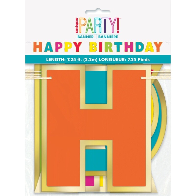 Happy Birthday Multi Coloured Gold Foil 7.25FT Banner