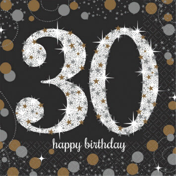 30th Birthday Black &amp; Gold Beverage Napkins