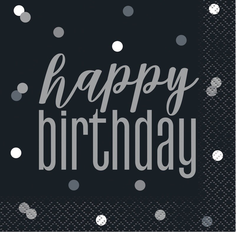 Happy Birthday Silver &amp; Black Beverage Napkins 16ct