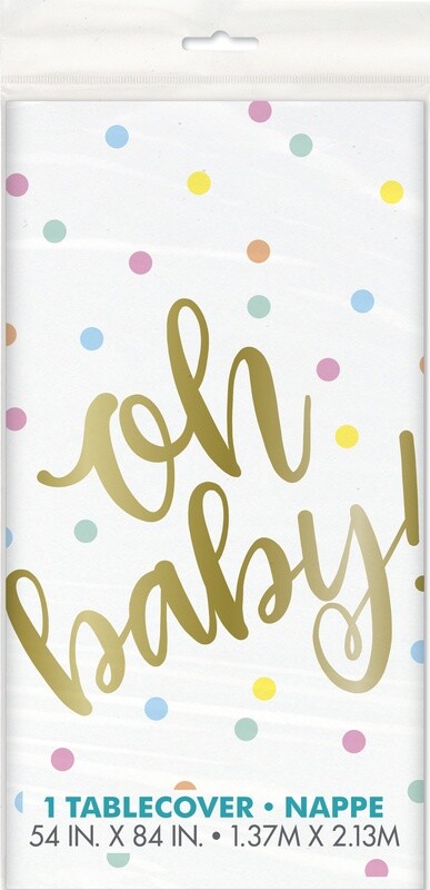 &quot;Oh Baby!&quot; Gold and White Plastic Tablecloth 54&quot; x 84&quot;