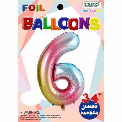 Pastel Rainbow Number 6 Foil Balloon 34" Pastel Rainbow Number 6 Foil Balloon 34"