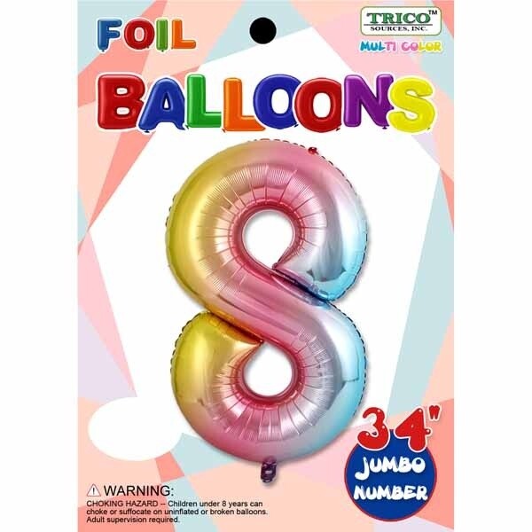 Pastel Rainbow Number 8 Foil Balloon 34&quot;