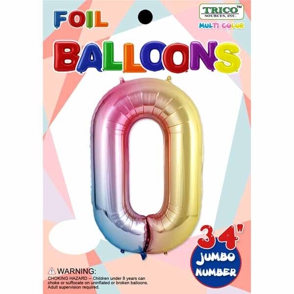 Pastel Rainbow Number 0 Foil Balloon 34&quot;