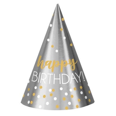 Silver &amp; Gold &#39;Happy Birthday&#39; Printed Cone Hats
