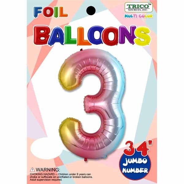 Pastel Rainbow Number 3 Foil Balloon 34&quot;