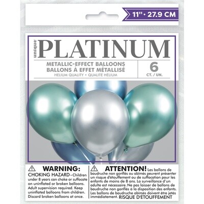 12" Latex Platinum Balloon 6ct - Blue, Green, Silver