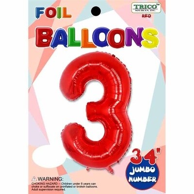 Red 34&quot; Number 3 Foil Balloon