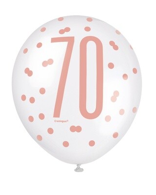 Rose Gold &#39;Happy 70 Birthday&#39; Latex Balloon 6pk