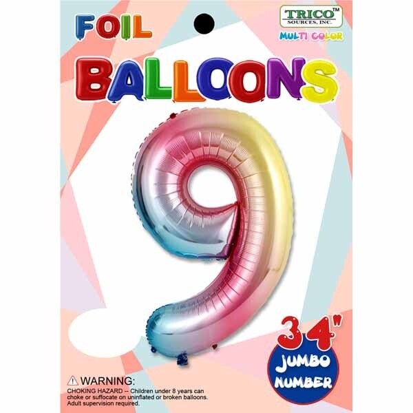 Pastel Rainbow Number 9 Foil Balloon 34&quot;