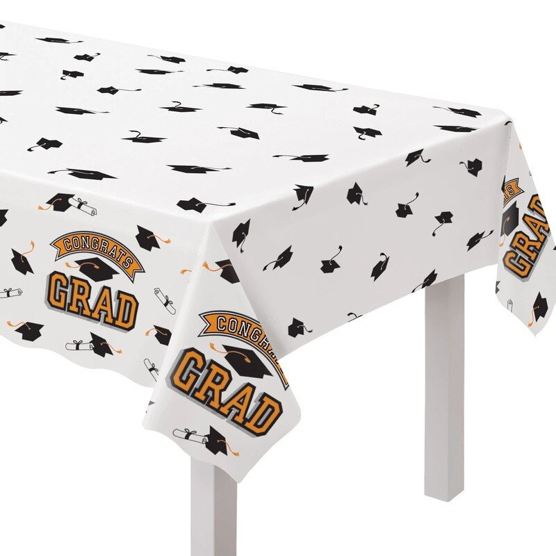 Orange &quot;Congrats Grad !&quot; Plastic Rectangular Tablecloth 54&quot; x 84&quot;