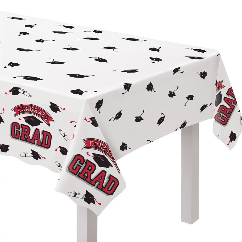 Red &quot;Congrats Grad !&quot; Plastic Rectangular Tablecloth 54&quot; x 84&quot;