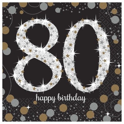 80th Birthday Black &amp; Gold Beverage Napkins, 16ct