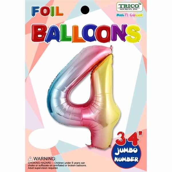 Pastel Rainbow Number 4 Foil Balloon 34&quot;