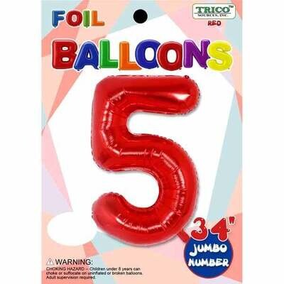 Red 34" Number 5 Foil Balloon