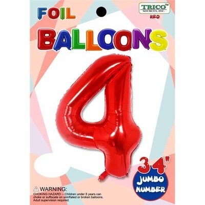 Red 34&quot; Number 4 Foil Balloon