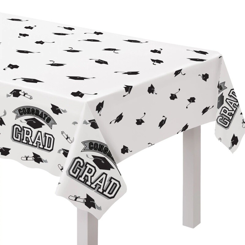 White &quot;Congrats Grad !&quot; Plastic Rectangular Tablecloth 54&quot; x 84&quot;