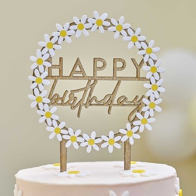 Wooden Happy Birthday Cake Topper W/ Daisies