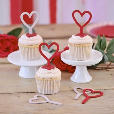 Wooden Red &amp; Pink Heart Cupcake Toppers, 6ct