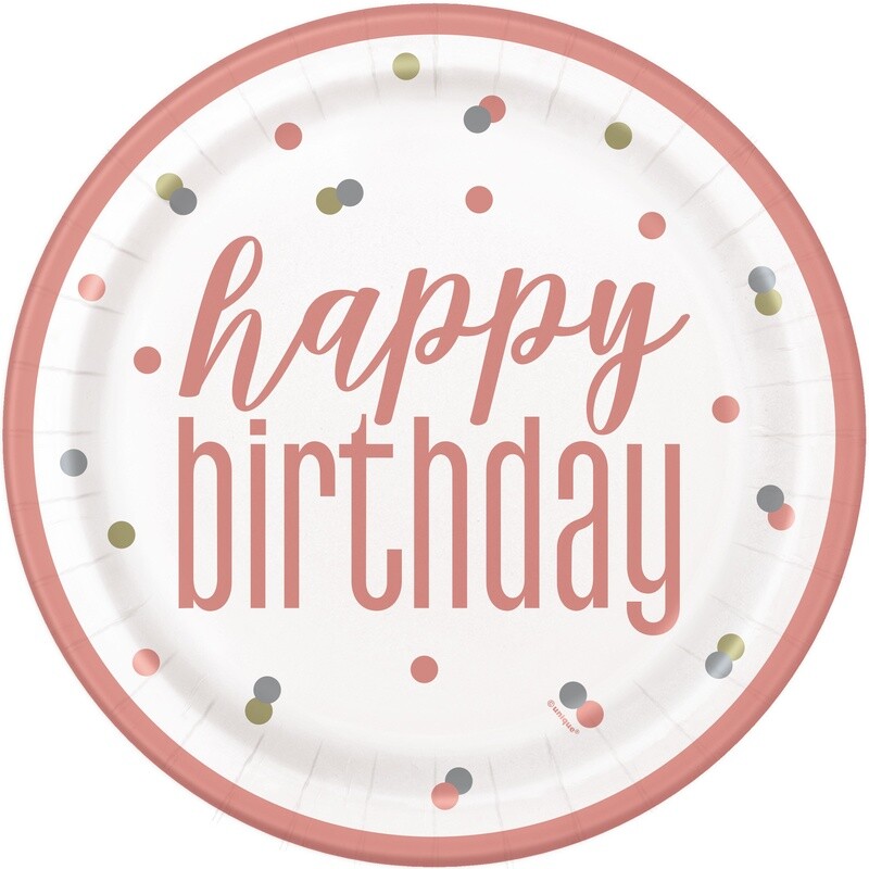 Glitz Rose Gold Birthday Plates 9” 8ct