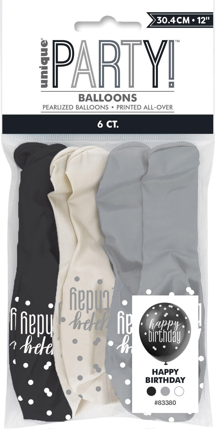 12&quot; Happy Birthday, Black, White &amp; Silver Latex, 6pk