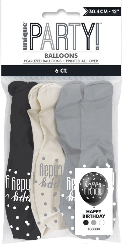 12&quot; Happy Birthday, Black, White &amp; Silver Latex, 6pk