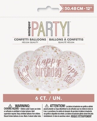 Confetti Balloons-Rose Gold Happy Birthday 12&quot;Latex, 6pk