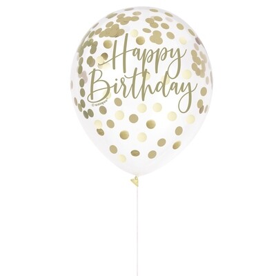 Gold Foil Confetti Filled &quot;Happy Birthday&quot; 12&quot; Clear Latex Balloons  6ct