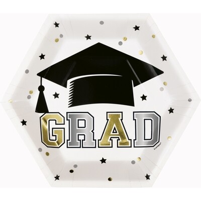 Starry Graduation &quot;Grad&quot; Hexagon Shaped 9.25&quot; Plates  8ct - Foil Stamping