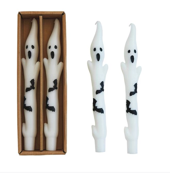 Unscented Ghost Shaped Taper Candles w/ Bats, White &amp; Black, Set of 2