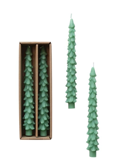 Unscented Tree Shaped Taper Candles in Box, Green, Set of 2