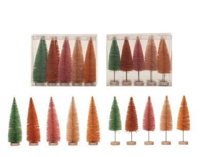 Sisal Bottle Brush Trees w/ Wood Bases, Sherbet Colors, 2 Styles, Boxed Set of 10