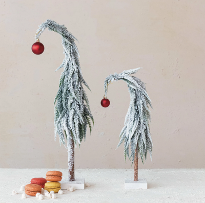 Faux Evergreen Tree w/ Red Ball Ornament &amp; MDF Base, Snow Finish, Green &amp; Red