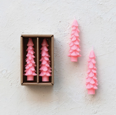 Unscented Tree Shaped Taper Candles in Box, Pink, Set of 2