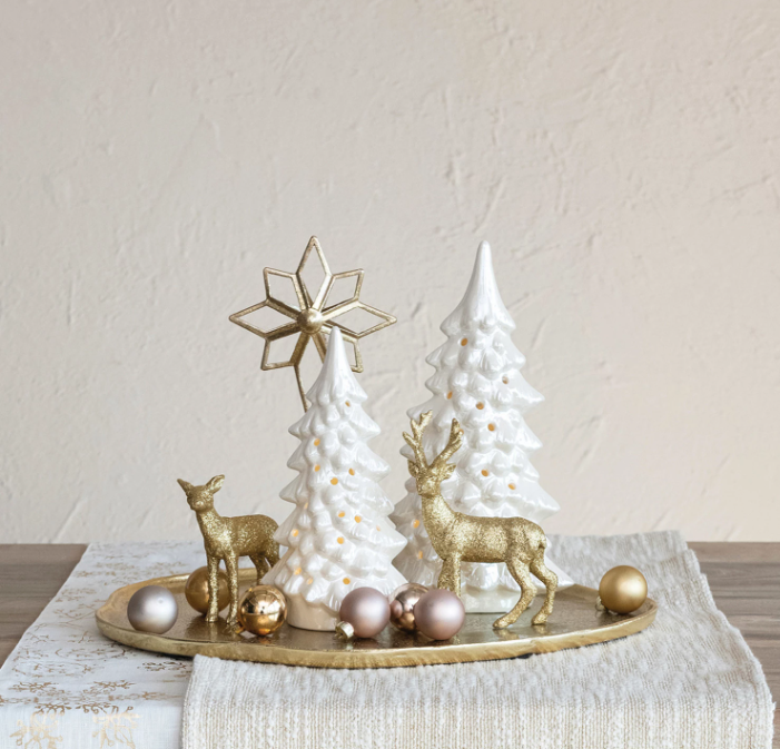 Stoneware LED Tree w/ Cut-Outs, Iridescent Finish, Cream Color