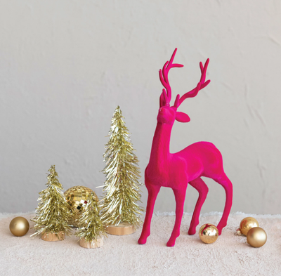 Flocked Plastic Standing Reindeer, Pink
