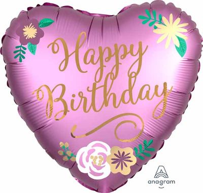 Birthday Satin Flowers Heart Shaped Mylar 18"