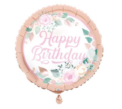 Pink Floral Happy Birthday Round Foil Balloon