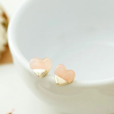 Full Heart Studs - gold/rose quarts
