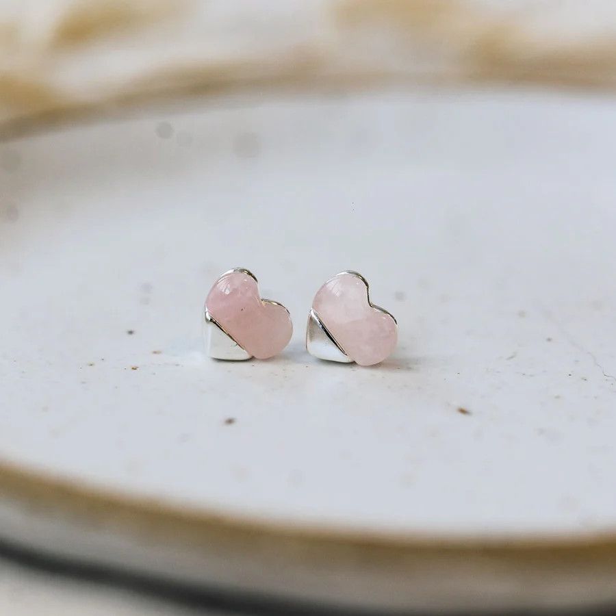 Full Heart Studs - silver/rose quarts