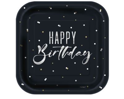 Silver Happy Birthday Square 7&quot; Dessert Plates  8ct - Foil Stamping