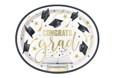 Golden Star Graduation &quot;Congrats Grad&quot; 12&quot; Oval Plates  8ct