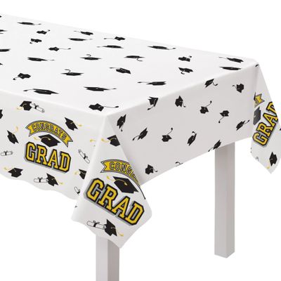 Yellow &quot;Congrats Grad !&quot; Plastic Rectangular Tablecloth 54&quot; x 84&quot;